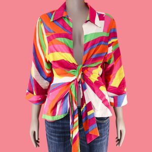 Vintage 90s Front Tie Blouse Size XL Collared Shirt Cotton Top